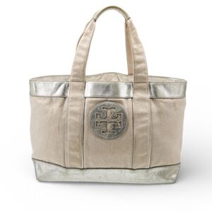 Tory Burch Metallic and Cream Tote Canvas Tote Bag
